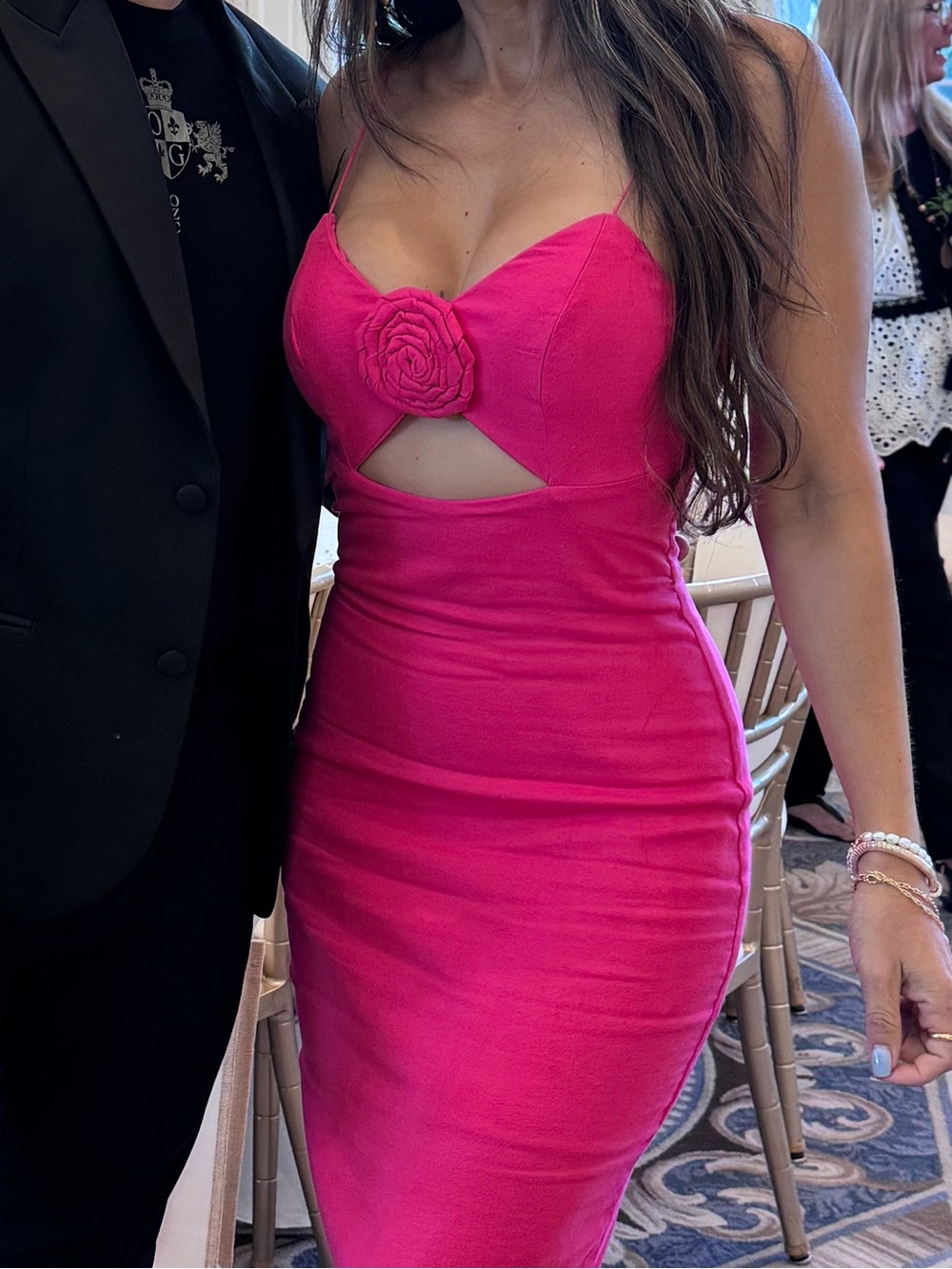 Hot Pink Spaghetti-Strap Cutout Bodycon Dress with Rosette
